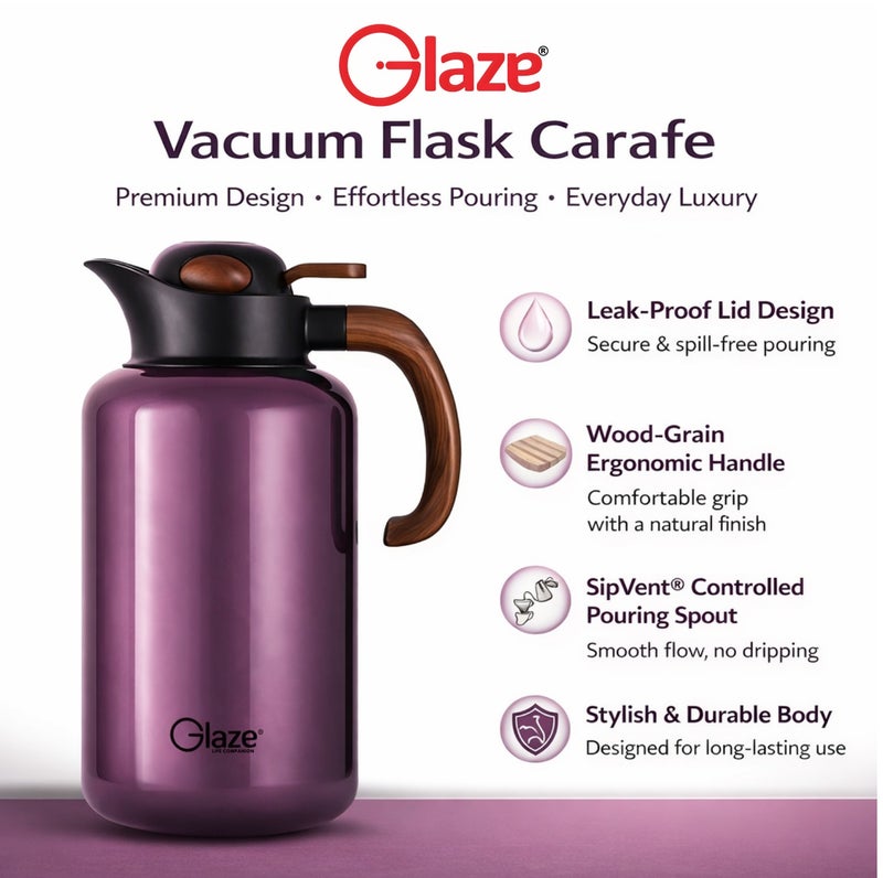 جليز إبريق حراري للقهوة والشاي بسعة 2.2 لتر، ترمس بعزل من الستانلس ستيل 304، يحافظ على المشروبات ساخنة وباردة لساعات، غطاء مانع للتسرب، تصميم أنيق بمقبض خشبي للاستخدام في المنزل، المجلس والضيافة – بنفسجي - Image 4